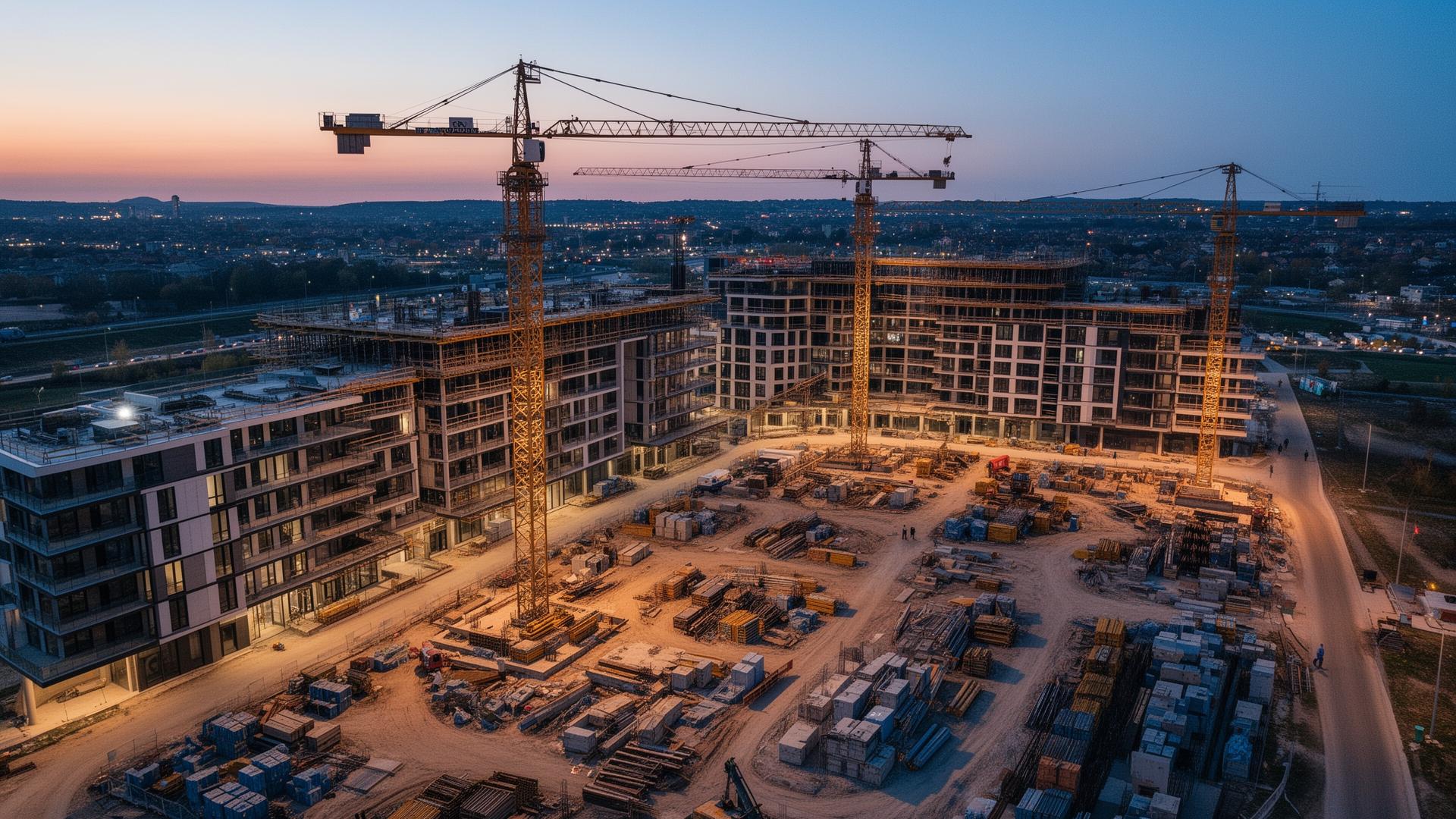 Construction site at dusk with cranes silhouetted against the sky
