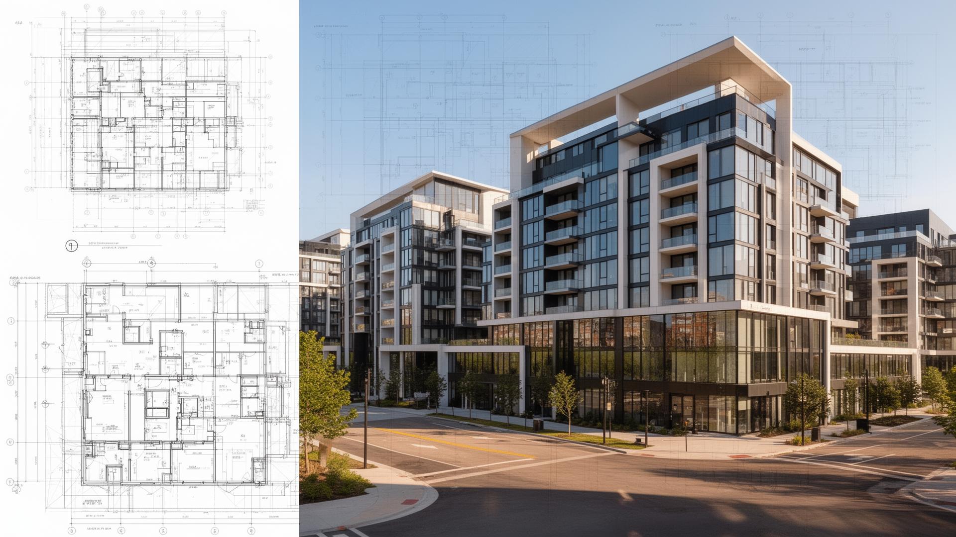 Residential apartment development at dusk with a faint blueprint overlay
