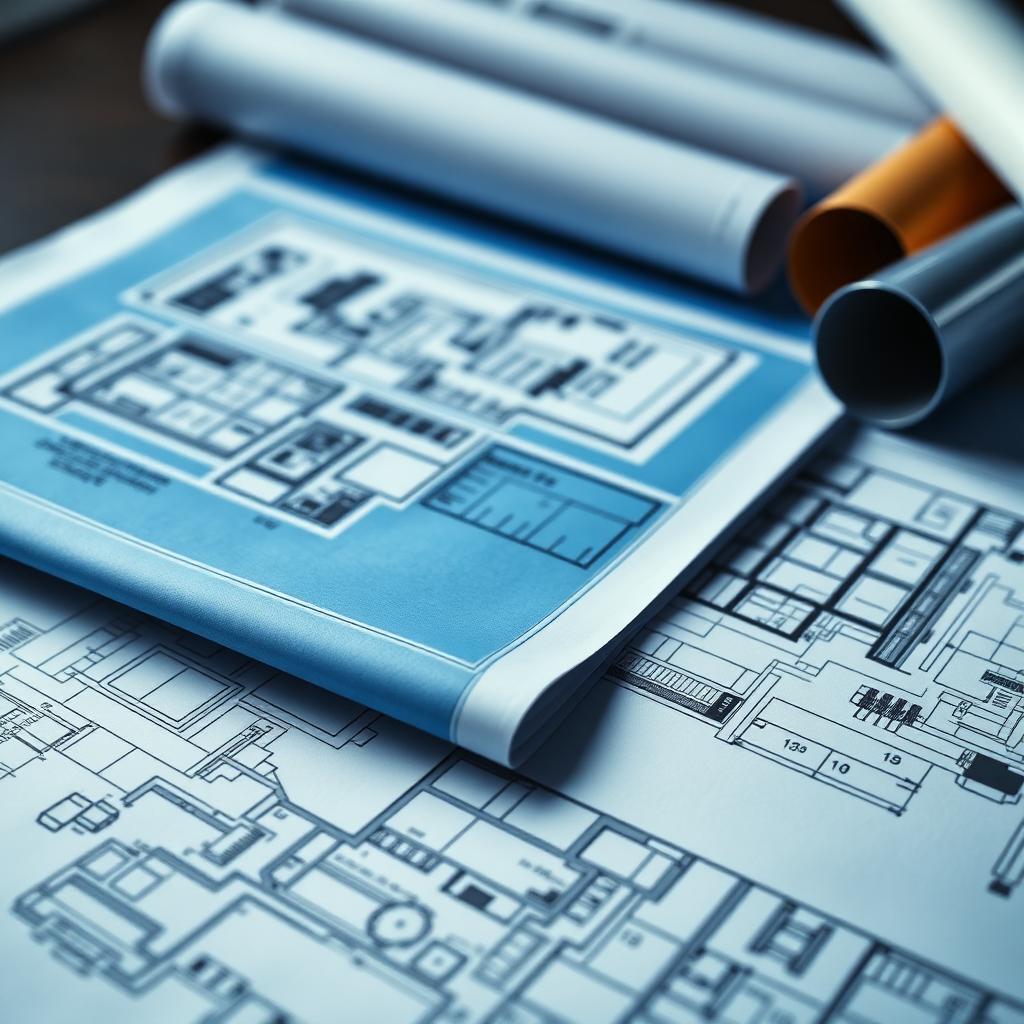 Architectural blueprints and drawings on a desk