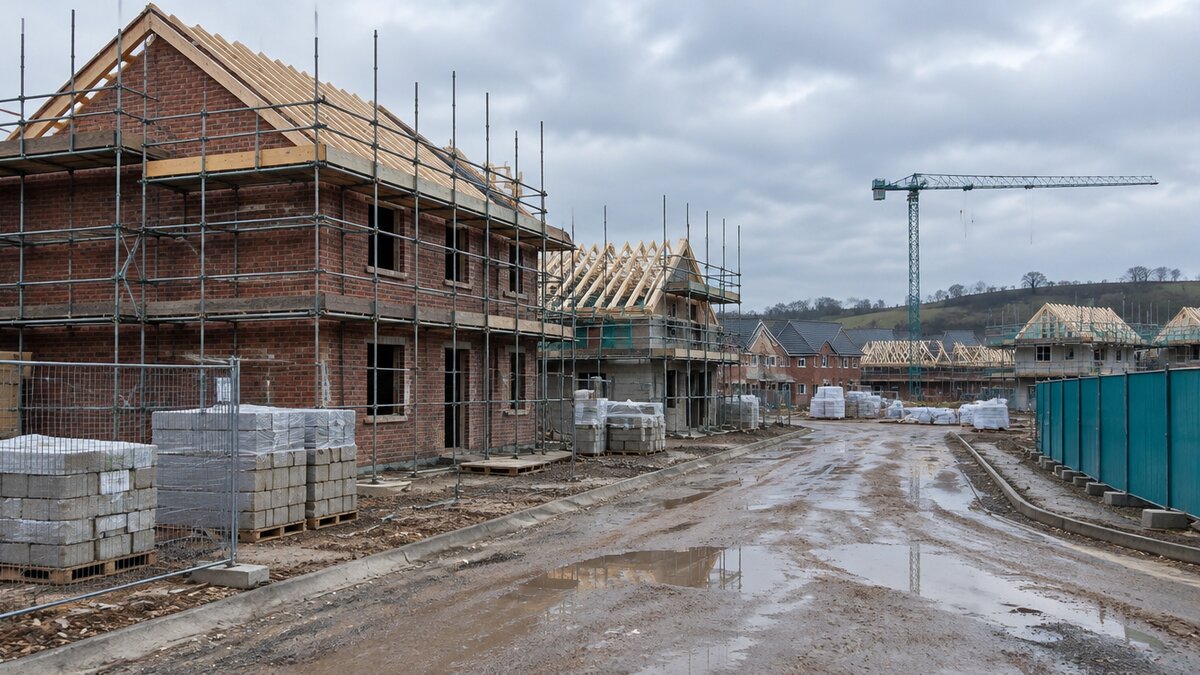 UK housing development under construction with scaffolding and a tower crane