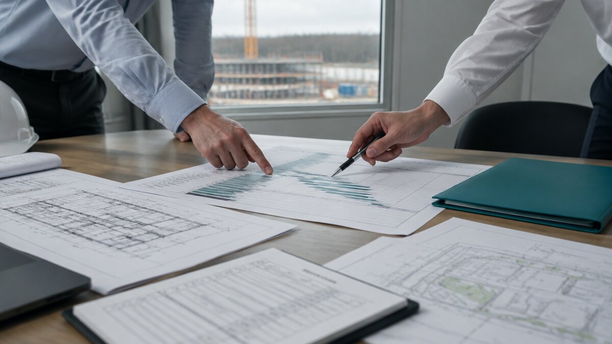Project team reviewing a construction programme and decision log at a site office table