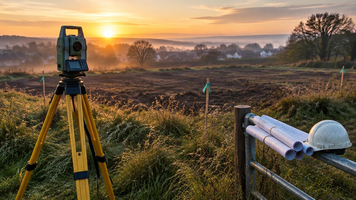 A surveying instrument set up on open land at sunrise, before any design or construction has started