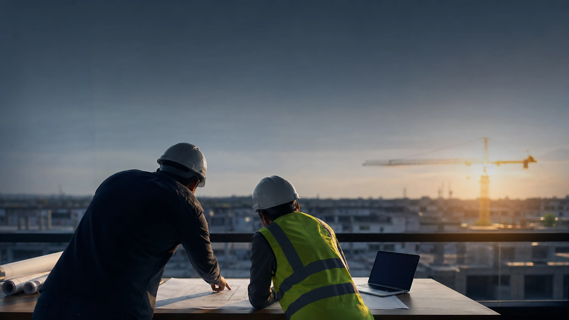 Two construction professionals reviewing drawings at a table beside a window overlooking a site
