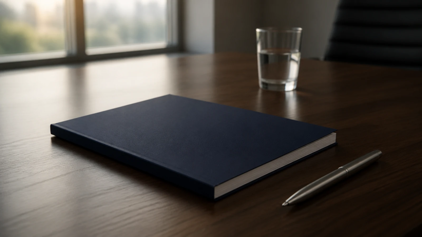 A concise printed project report and pen on a boardroom table with soft window light behind
