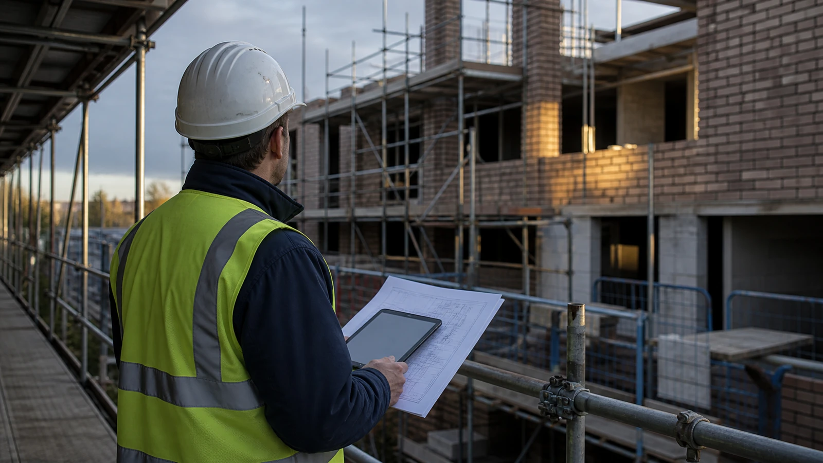 Project manager in a hi-vis vest and hard hat reviewing a programme document on a construction site