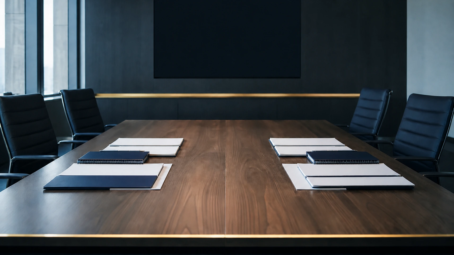 A meeting table set with papers facing each other from opposite sides of the room