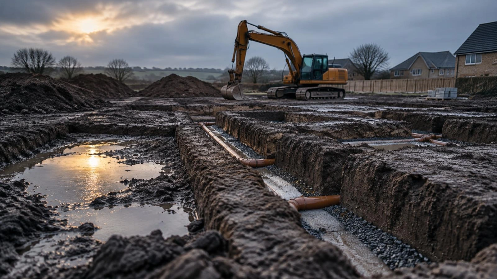 Excavated groundworks and foundation trenches on a residential construction site