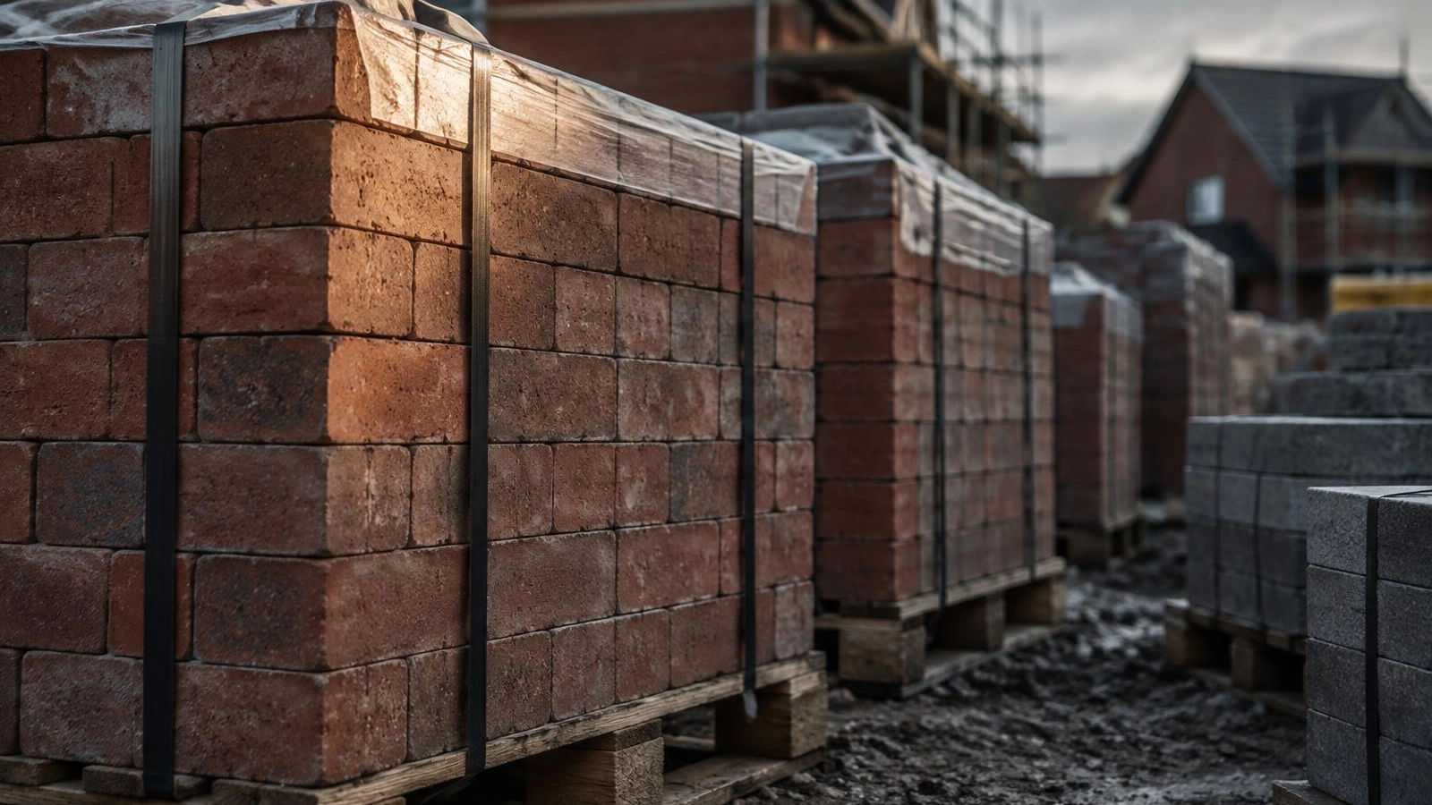Stacked bricks and construction materials on a residential site awaiting installation
