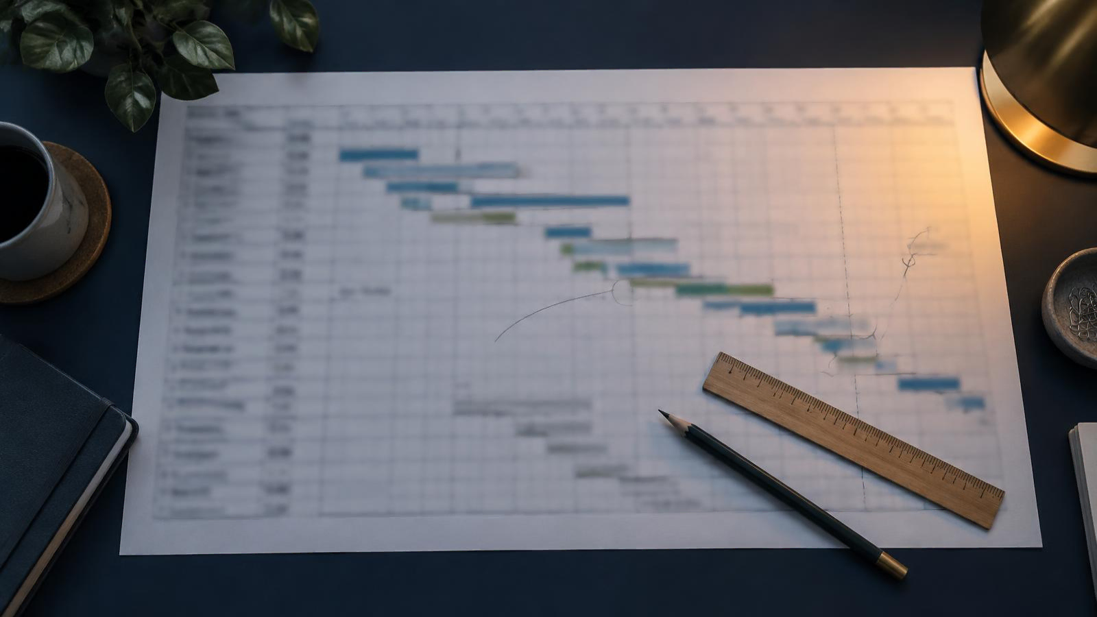 A printed project programme chart spread across a desk with handwritten annotations