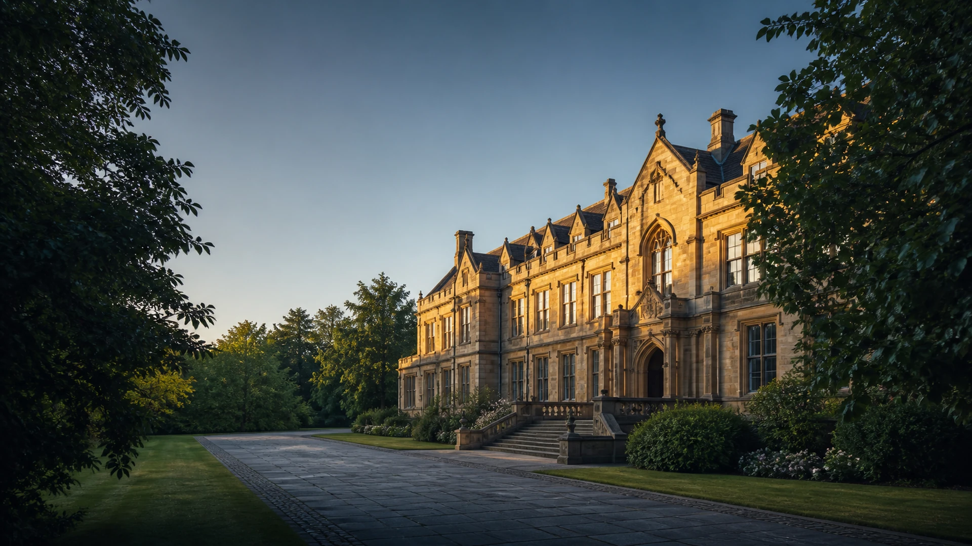 Historic university building exterior in late summer light with an empty campus walkway