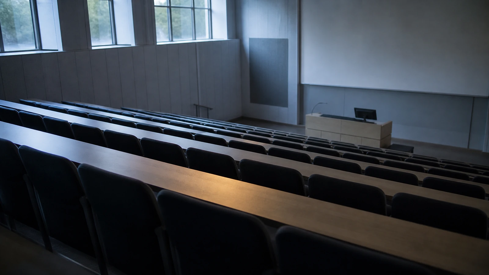 Empty tiered lecture theatre with rows of seats lit by daylight from high windows
