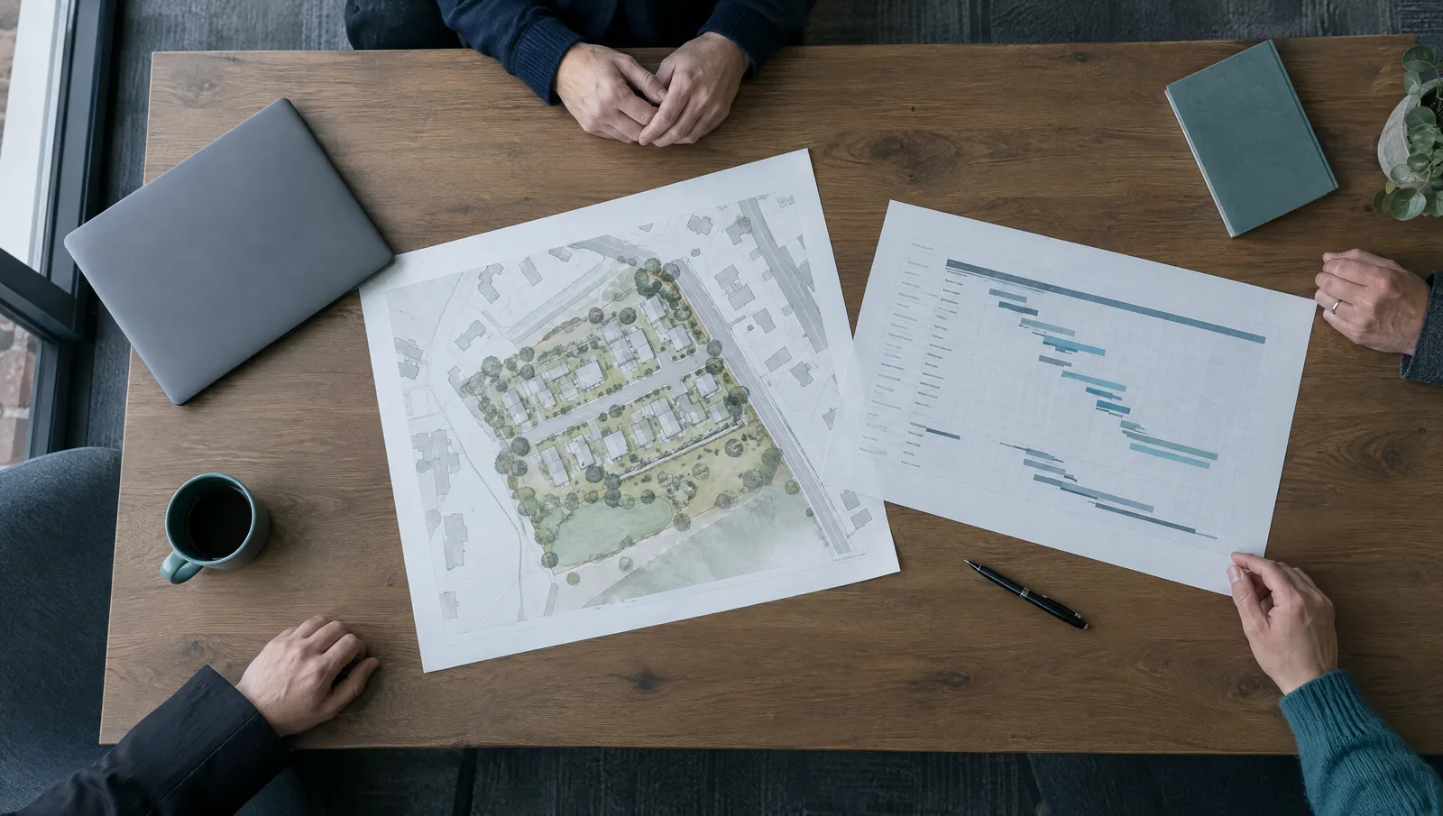Site plan and programme on a meeting table during early project planning